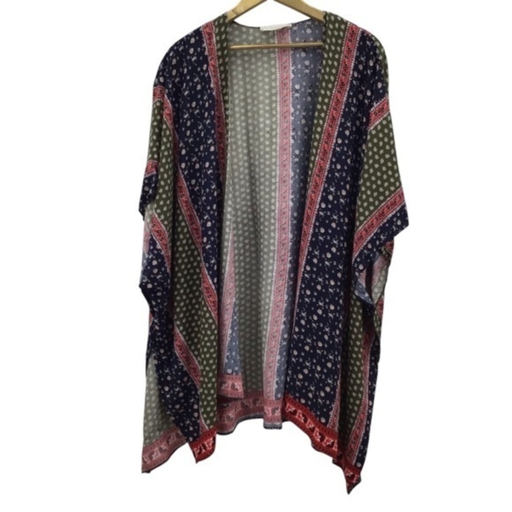 Suzanne Betro Navy and Red Patterned Poncho - Picture 1 of 7
